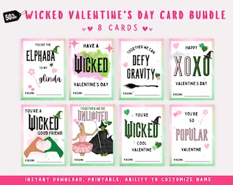 May include: A set of eight printable Valentine's Day cards featuring characters and quotes from the musical Wicked. The cards have a pink and green watercolor background with hearts and glitter.