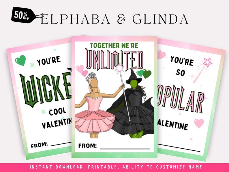 Wicked Valentines Cards Glinda & Elphaba, Wicked for Good, Printable ...