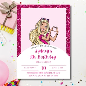 Pink Doll Party Invitation, Pink Sparkle Invitation, Barbi Girl Party Invite, Girls Birthday Invite, Pink Barbi Birthday Invite
