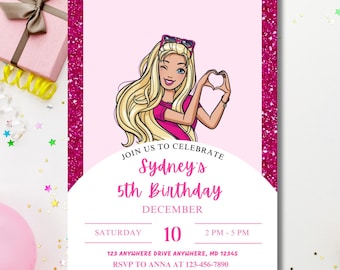 Roze glitterverjaardagsuitnodiging: bewerkbaar Barbi-thema (canvasjabloon)