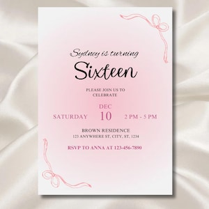 Schleife Geburtstagseinladung Mädchen, Einladungen sweet 16, Pinke Schleife Geburtstagseinladung Mädchen, Rosa Einladung Schleife kokett, Sweet 16, digital