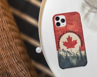 True North, Strong and Free Canadian, Red, White, Mountains Phone Case | Canada Inspired, National Flag Design - Fits iPhone & Samsung