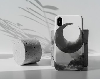 Mystic, Unique, Artistic, monochrome Crescent Moon Phone Case /Phone Cover - Black and White Ocean and Moon Scene Design - iPhone & Samsung