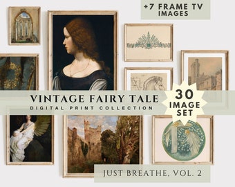 May include: A digital print collection of 30 vintage fairy tale images, including a woman in a black dress, a castle, and a drawing of a horse. The text "Vintage Fairy Tale Digital Print Collection" and "30 Image Set" is displayed on the image. The text "Just Breathe, Vol. 2" is displayed at the bottom of the image.