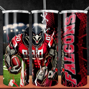 May include: Three stainless steel tumblers with a black and red design featuring a cartoon football player with the word "Falcons" on one tumbler.