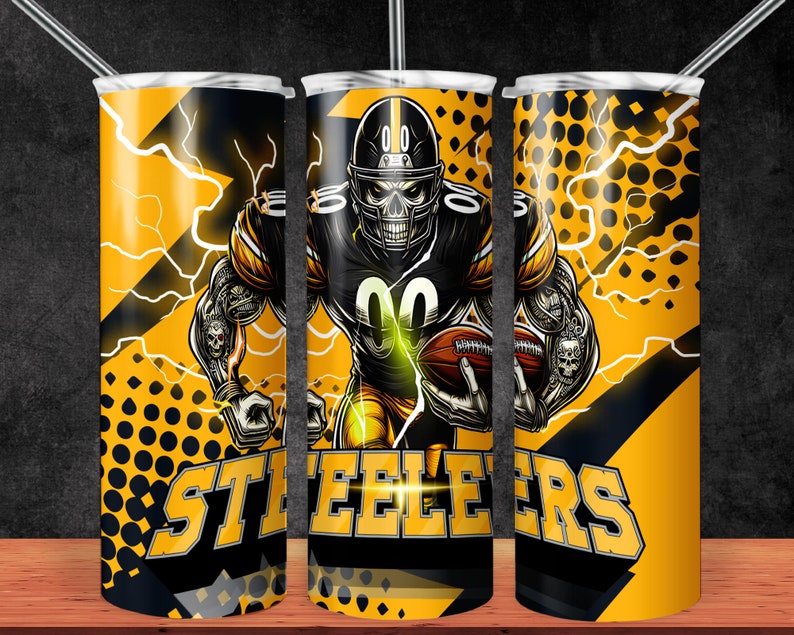 May include: A yellow and black tumbler with a skull-faced football player wearing a Steelers jersey and holding a football. The tumbler has a black and yellow polka dot pattern and the word "Steelers" in black letters.