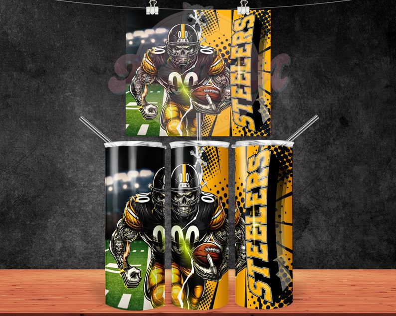 May include: Three stainless steel tumblers with a black and yellow design featuring a football player wearing a helmet and holding a football. The design includes the word "Steelers" repeated on the tumblers.