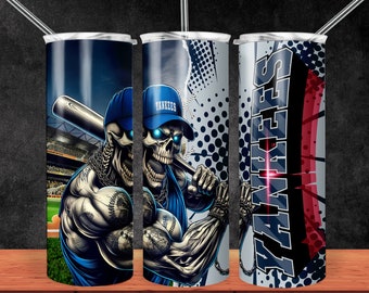 May include: A stainless steel tumbler with a blue, white, and red design featuring a skull wearing a baseball cap and holding a bat. The text "YANKEES" is printed on the tumbler.