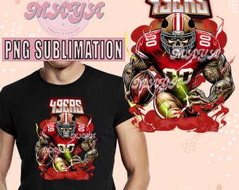 Pode incluir: Uma camiseta preta com um gráfico de um jogador de futebol americano vestindo um uniforme vermelho e dourado com a palavra "49ers" na frente. O jogador tem um rosto de caveira e está segurando uma bola de futebol.