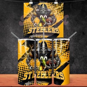 May include: Three black and yellow stainless steel tumblers with a graphic of a football player wearing a helmet and holding a football. The tumblers have a black and yellow polka dot pattern and the words "Steelers" on them.