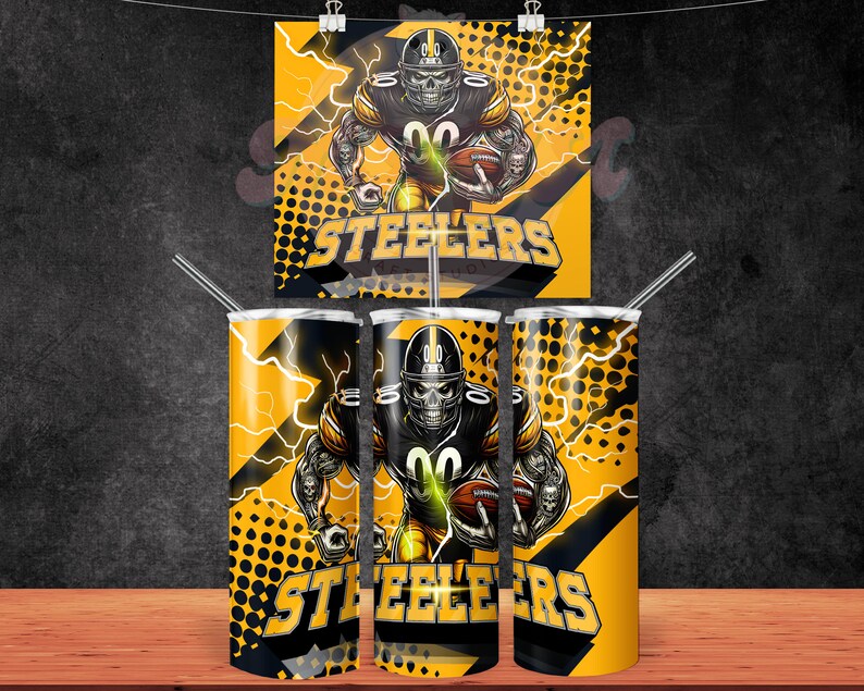 May include: Three black and yellow stainless steel tumblers with a graphic of a football player wearing a helmet and holding a football. The tumblers have a black and yellow polka dot pattern and the words "Steelers" on them.