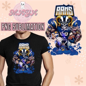 May include: A sublimation design featuring a cartoon football player wearing a blue and yellow uniform with a skull helmet. The player is holding a football and running with a lightning bolt behind him. The design includes the word "RAMS" in a bold font.