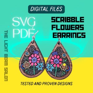 May include: Wooden teardrop earrings with a floral design. The earrings have a dark wood grain border, a black speckled centre, and colourful flowers in pink, blue, and yellow. Text on the image reads "DIGITAL FILES" and "SCRIBBLE FLOWERS EARRINGS."