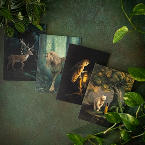 4er Set Animal Guides Grußkarten von Sam McKinnon - Tier Kunst Karte, Waldgeist, verzauberter Wald, mystische Kunst Karte, wunderliche Kunst