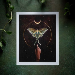 Luna Moth ondertekende Art Print door Sam McKinnon - luna nachtvlinder kunst, bos nachtvlinder, mystieke kaart, sterren, grillige kunstkaart, maan, sterrenbeelden