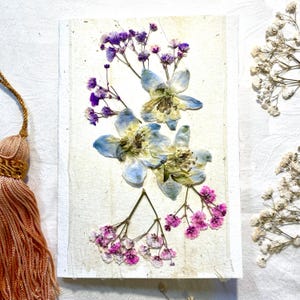 Cartão de felicitações, cartão postal, flores prensadas, flores reais, cartão, cartões feitos à mão com flores prensadas reais, flores prensadas