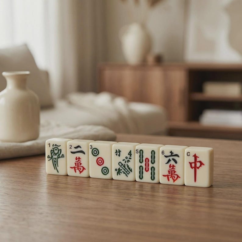 May include: A set of ivory-colored Mahjong tiles with black, red, and green symbols and numbers. The tiles are arranged on a wooden surface, with a blurred background featuring a vase and furniture.