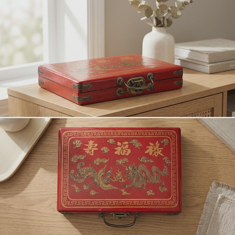 May include: A red rectangular box with gold accents and a metal clasp. The box is decorated with gold Chinese characters and illustrations. The box is sitting on a wooden surface.