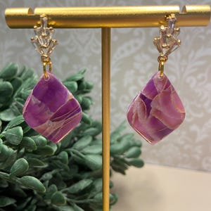 Purple and Gold Dangle Earrings. Polymer Clay Dangle Floral Earrings.