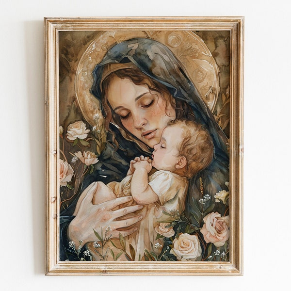 DIGITAL DOWNLOAD Artwork Virgin Mary with Baby Jesus and Pink Roses Icon Portrait, Gift for Christian Believers, Faith and Spiritual Growth