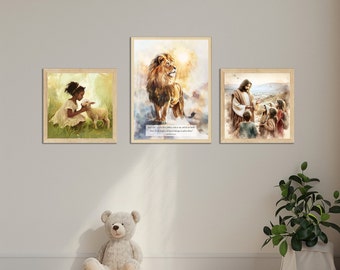 DIGITAL DOWNLOAD Set of 3 Artworks for Children: Girl with Lamb, Jesus with Children and Majestic Lion, Bible Quote for Christians Believers