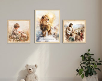 DIGITAL DOWNLOAD Set of 3 Artworks for Children: Boy with Lamb, Jesus with Children and Majestic Lion, Bible Quote for Christians Believers