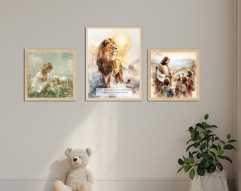 DIGITAL DOWNLOAD Set of 3 Artworks for Children: Girl with Lamb, Jesus with Children and Majestic Lion, Bible Quote for Christians Believers