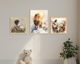 DIGITAL DOWNLOAD Set of 3 Artworks for Children: Boy with Lamb, Jesus with Children and Majestic Lion, Bible Quote for Christians Believers