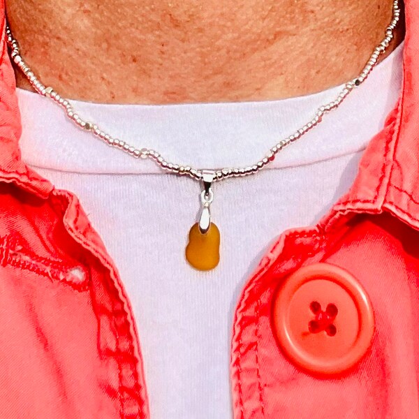 Genuine honey sea glass pendant with 18” chain