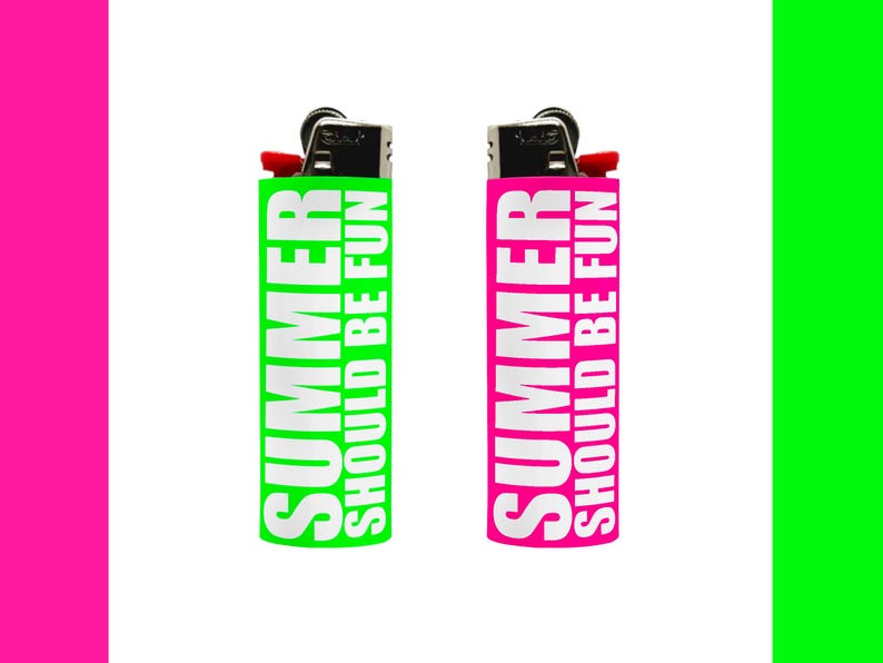 May include: Two lighters, one green and one pink, with the text "SUMMER SHOULD BE FUN" in white. The lighters have a black top with a red ignition button. The background is white with pink and green vertical bars.