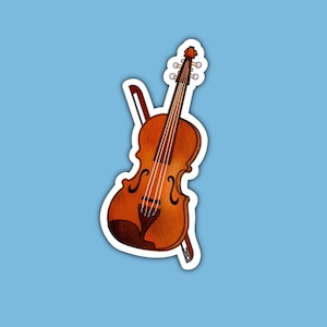 Pode incluir: Um violino de madeira castanha com uma queixeira escura, quatro cordas e um cavalete, acompanhado por um arco a condizer posicionado na diagonal atrás do instrumento. A ilustração apresenta um contorno branco e textura de madeira.