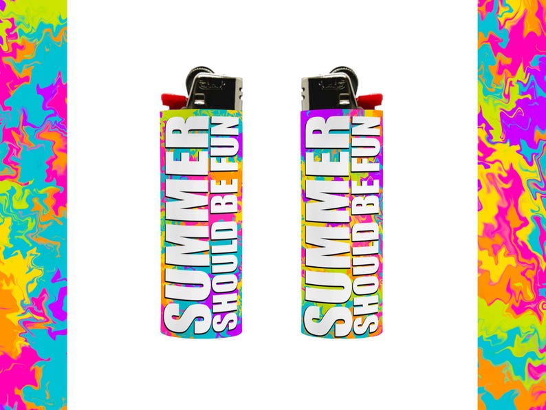 May include: Two lighters with the text "SUMMER SHOULD BE FUN" in white, set against a colorful background of yellow, orange, pink, and blue. The lighters have a red ignition button and a black metal top.