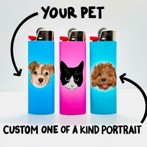 Personalized Bic Lighter with Pet Portrait | Includes 2+ Custom Lighters & Digital Download of Hand Drawn Pet Cartoon Portrait Art
