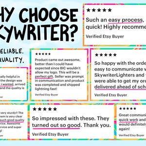 Puede incluir: Imagen con rese&ntilde;as de clientes para productos Skywriter. El texto incluye "&iquest;Por qu&eacute; elegir Skywriter?" y frases como "R&aacute;pido. Confiable. Alta calidad." Las rese&ntilde;as destacan la calidad del producto, el servicio al cliente y el env&iacute;o r&aacute;pido.