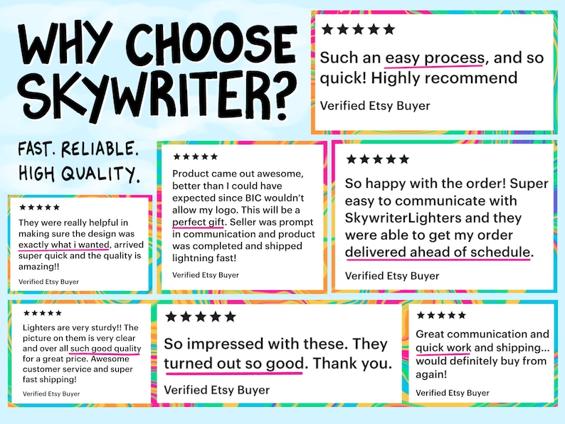 Puede incluir: Imagen con rese&ntilde;as de clientes para productos Skywriter. El texto incluye "&iquest;Por qu&eacute; elegir Skywriter?" y frases como "R&aacute;pido. Confiable. Alta calidad." Las rese&ntilde;as destacan la calidad del producto, el servicio al cliente y el env&iacute;o r&aacute;pido.