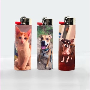 Puede incluir: Tres encendedores con im&aacute;genes personalizadas de mascotas. Uno presenta un gato naranja y blanco, otro un perro marr&oacute;n con un collar azul y el tercero un perro marr&oacute;n y negro. Cada encendedor tiene un bot&oacute;n de encendido rojo y una parte superior de metal plateado.
