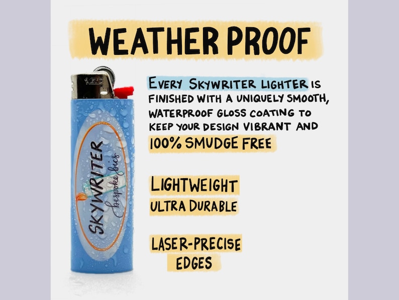 Puede incluir: Un encendedor Skywriter azul con el texto "Weather Proof" en la parte superior. El encendedor tiene un dise&ntilde;o ovalado blanco con las palabras "Skywriter bespoke bics". El texto de la imagen dice que el encendedor es ligero, ultra duradero y tiene bordes de precisi&oacute;n l&aacute;ser.