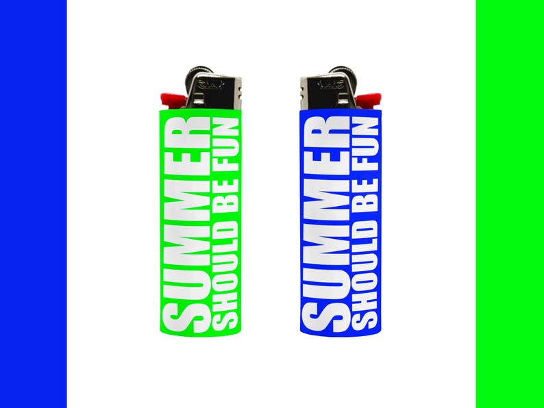 May include: Two lighters with the text "SUMMER SHOULD BE FUN". One lighter is green with white text, the other is blue with white text. Both lighters have a red ignition button and a black top.