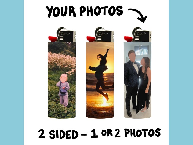 Puede incluir: Encendedores personalizables con impresiones fotogr&aacute;ficas. Los encendedores presentan im&aacute;genes de un ni&ntilde;o en un campo, una persona saltando al atardecer y una pareja con ropa formal. El texto en la imagen dice "YOUR PHOTOS" y "2 SIDED - 1 OR 2 PHOTOS."