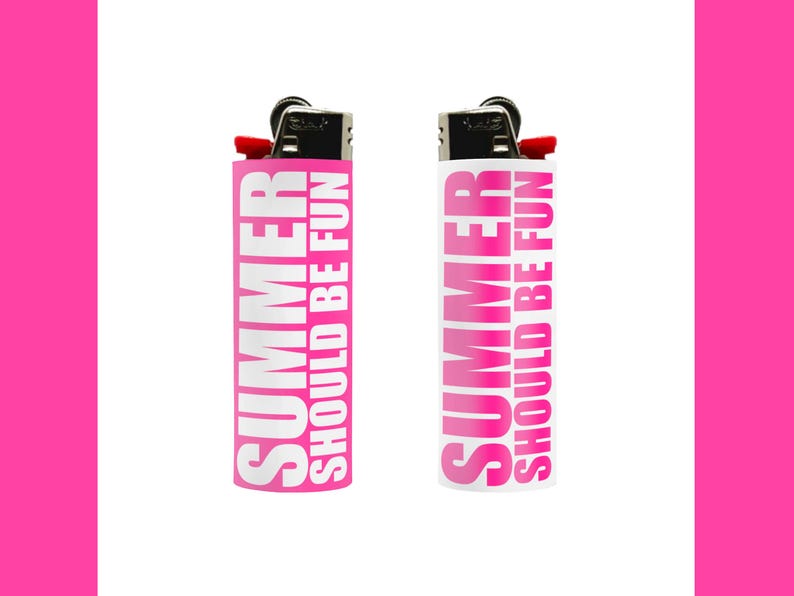 May include: Two lighters with the text "SUMMER SHOULD BE FUN" in white on a pink background. One lighter has a pink body, and the other has a white body. Both lighters have a black top with a red ignition button.
