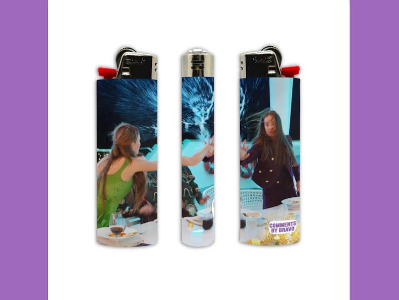 May include: Set of three lighters with a vibrant design. Each lighter features a different scene with people and a splash of liquid. One lighter has the text "COMMENTS BY BRAVO".