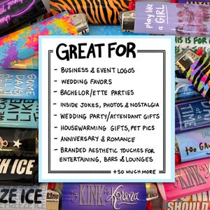 Puede incluir: Una colecci&oacute;n de encendedores coloridos con varios dise&ntilde;os y texto, incluyendo "Great For" y una lista de usos. Los encendedores presentan patrones como rayas de cebra y te&ntilde;ido anudado, y frases como "Play like a GIRL".