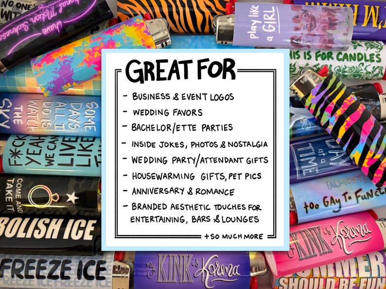 Puede incluir: Una colecci&oacute;n de encendedores coloridos con varios dise&ntilde;os y texto, incluyendo "Great For" y una lista de usos. Los encendedores presentan patrones como rayas de cebra y te&ntilde;ido anudado, y frases como "Play like a GIRL".