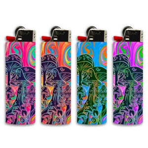 May include: Four lighters with colorful psychedelic mushroom designs. Each lighter features a different color scheme, including pink, orange, blue, and purple, with black mushroom outlines. The lighters have a red ignition button.