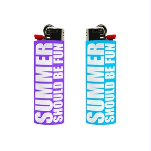 May include: Two lighters, one purple and one blue, with the text "SUMMER SHOULD BE FUN" in white. The lighters have a black top with a red ignition button. The background is white with blue and purple sidebars.