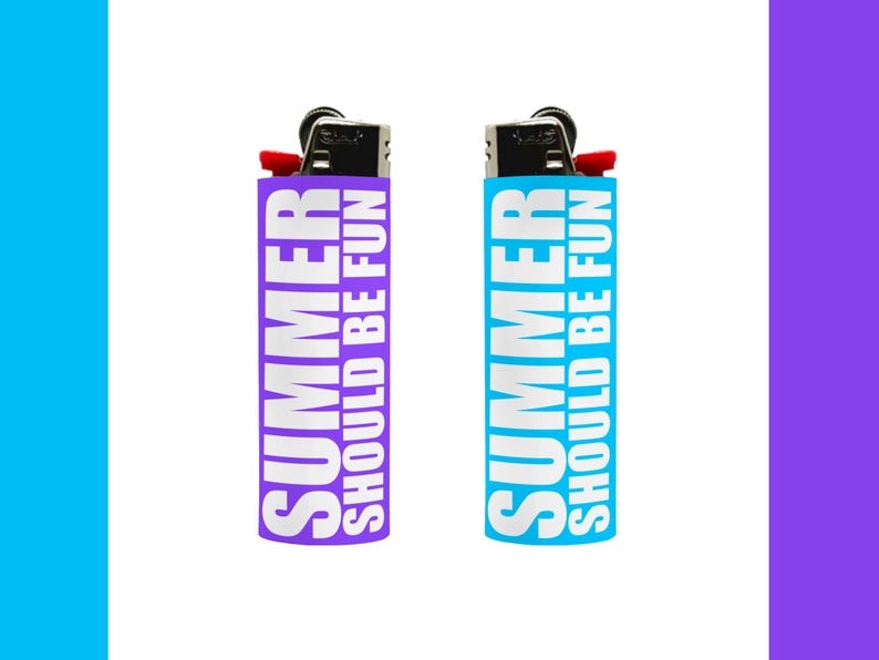 May include: Two lighters, one purple and one blue, with the text "SUMMER SHOULD BE FUN" in white. The lighters have a black top with a red ignition button. The background is white with blue and purple sidebars.