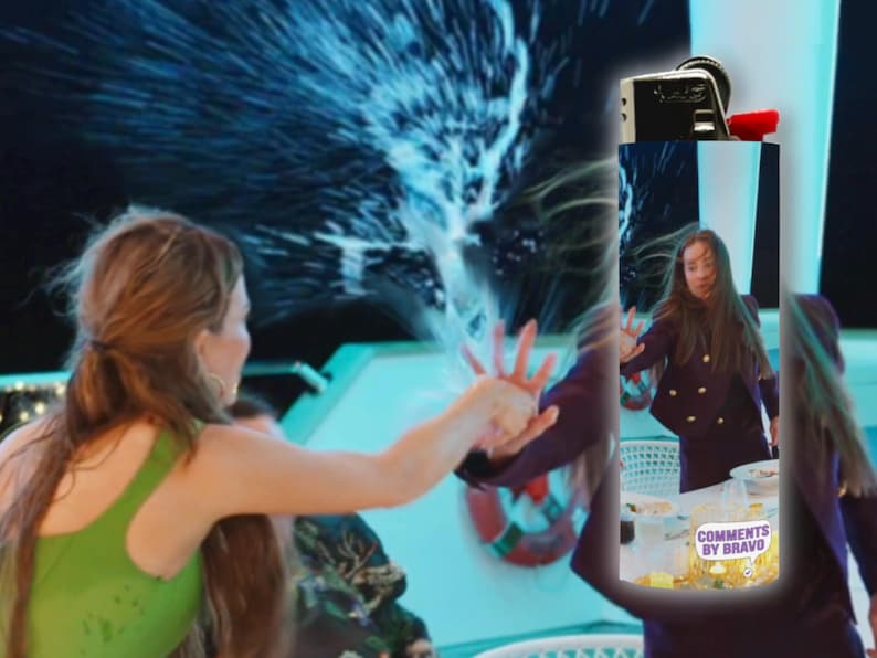 May include: A scene from a television show with a woman in a green top reaching out towards a burst of water. Another woman in a dark purple suit is in the background. The text "COMMENTS BY BRAVO" is visible.