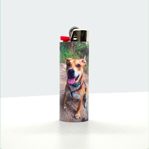 Puede incluir: Un encendedor con un dise&ntilde;o personalizado que presenta un perro marr&oacute;n y blanco con un collar azul. El perro est&aacute; sonriendo y tiene la lengua fuera. El fondo es una imagen borrosa de un bosque.