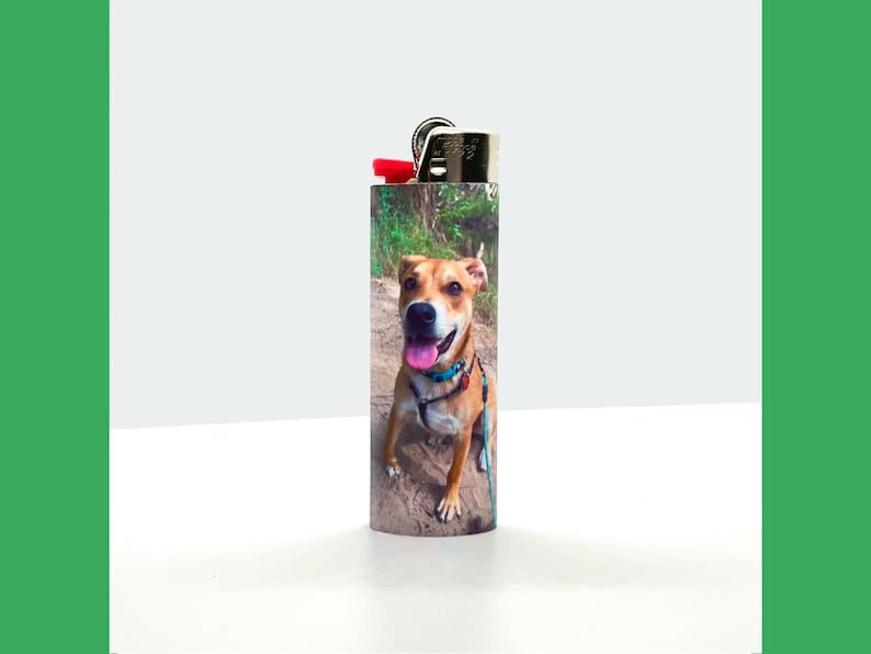 Puede incluir: Un encendedor con un dise&ntilde;o personalizado que presenta un perro marr&oacute;n y blanco con un collar azul. El perro est&aacute; sonriendo y tiene la lengua fuera. El fondo es una imagen borrosa de un bosque.