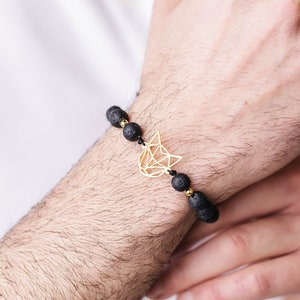 Wolf head 18k Gold/Silver plated brass on lava beads adjustable bracelet for men perfect as a gift for him